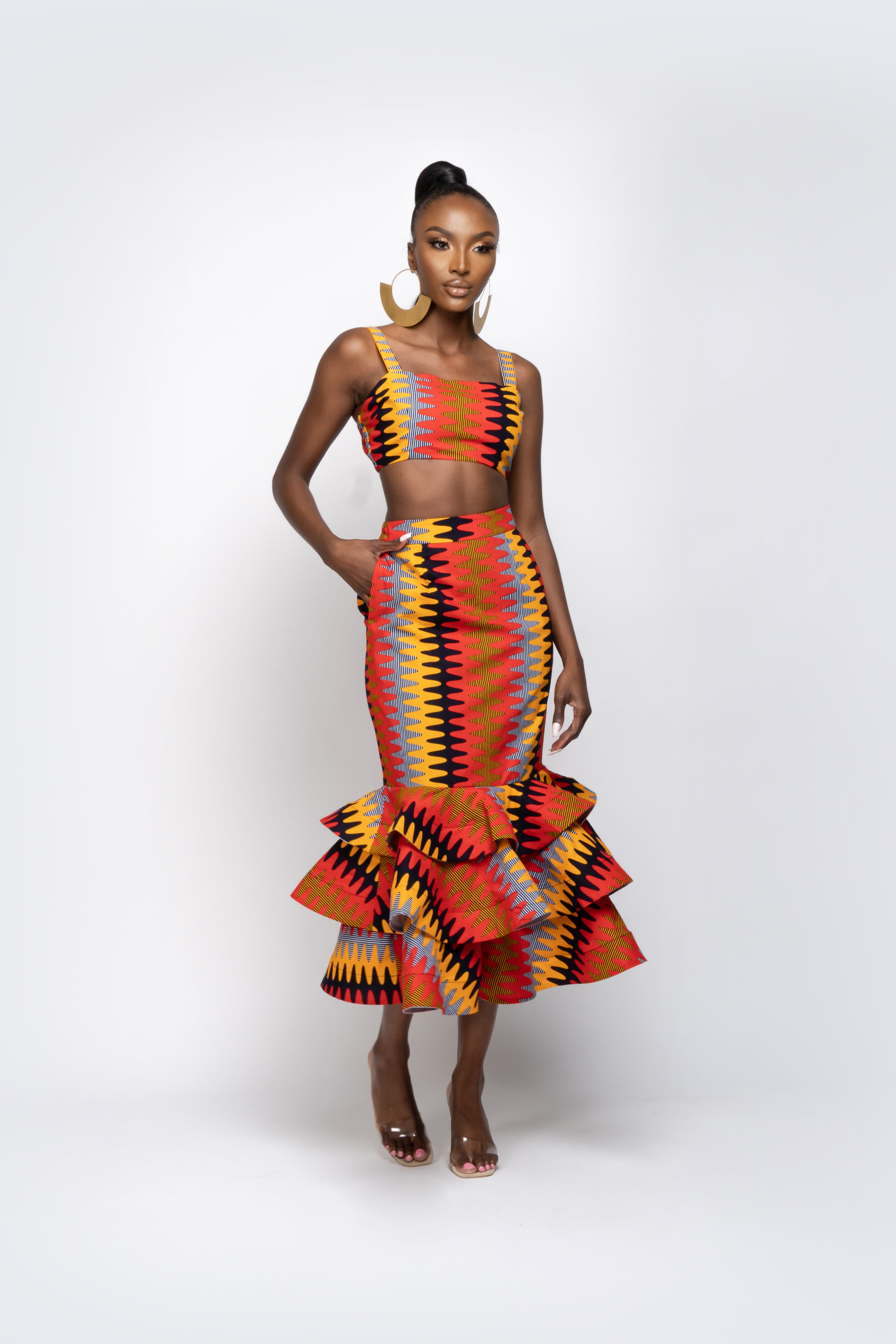 DEMI African Print SET ( Layered Midi Skirt AND Crop Top )