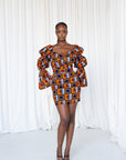 RIRE African Print Off-shoulder Puffy Sleeve Mini Dress