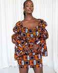 RIRE African Print Off-shoulder Puffy Sleeve Mini Dress