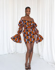 RIRE African Print Off-shoulder Puffy Sleeve Mini Dress